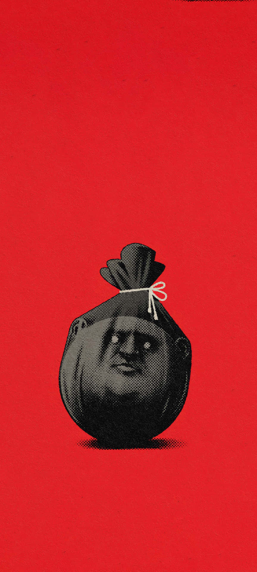 Surreal Minimalist Trash Bag Face Art - Vibrant Red Background 壁紙 — 一個黑色麻袋，帶有不悅的表情和白色繩結，居中放置在鮮豔的紅色背景前。