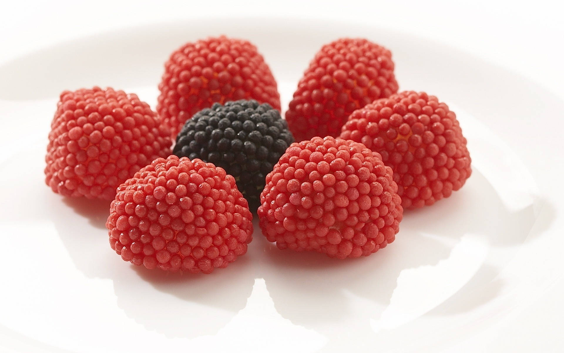 Berry 桌布 壁紙 — 一個黑莓被紅覆盆子包圍，放在潔白無瑕的盤子上，帶有柔和陰影。
