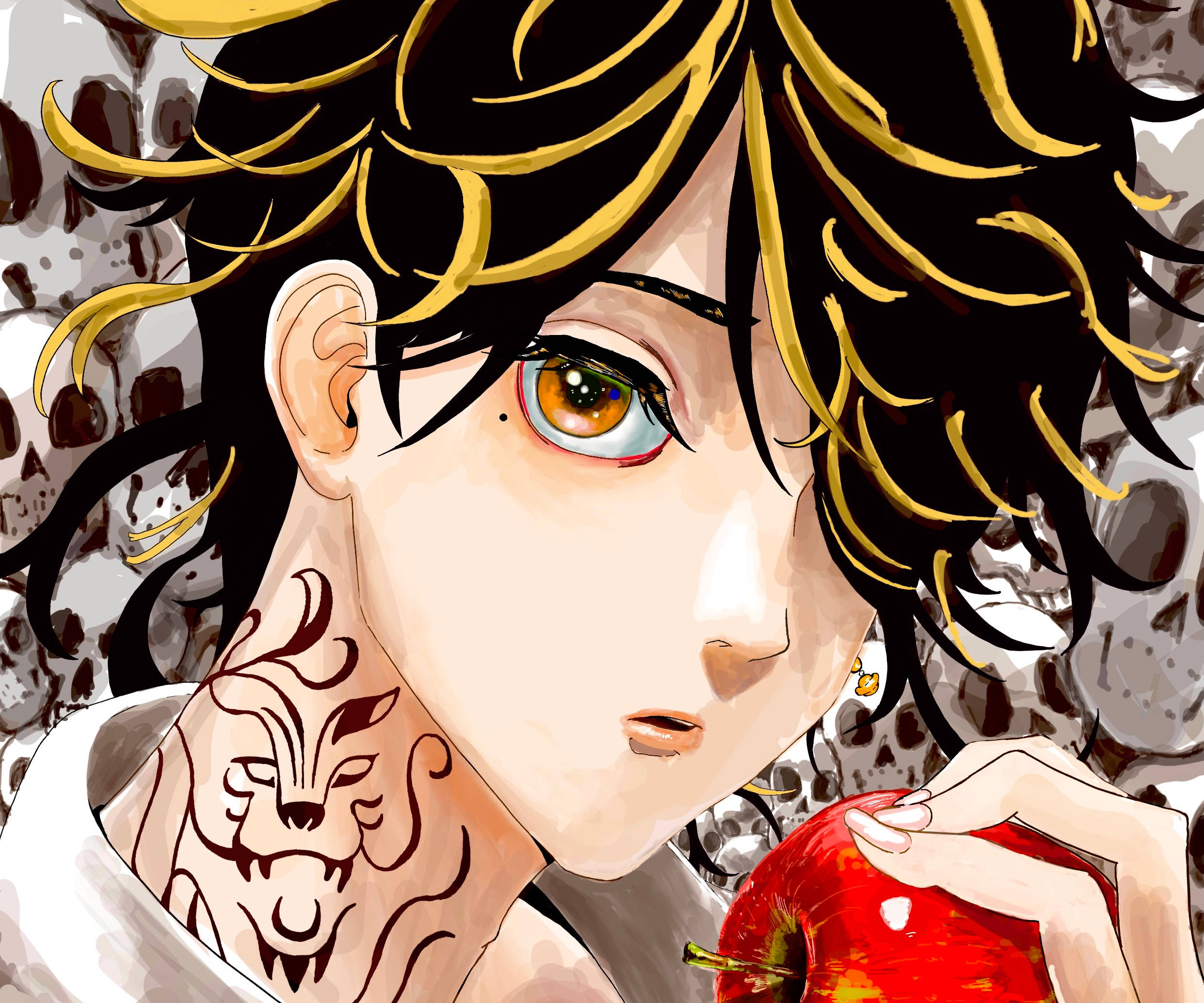 kazutora hanemiya 桌布 壁紙 — 一個黑金髮色的動漫角色特寫，手持一個紅蘋果，背景為骷髏圖案。
