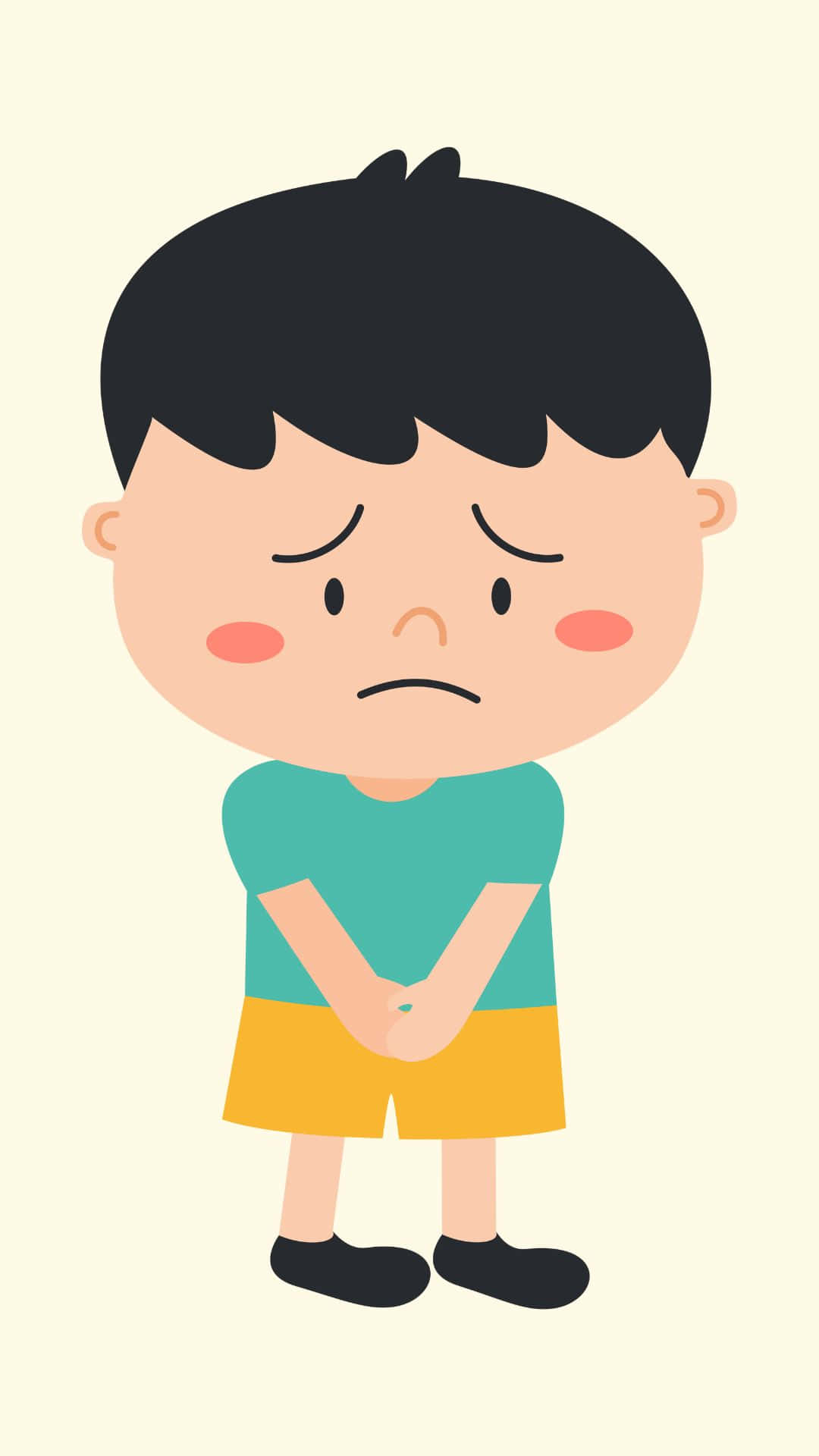 一個黑頭髮、穿著綠色襯衫和黃色短褲的悲傷卡通男孩。 — 憂鬱男孩 壁紙