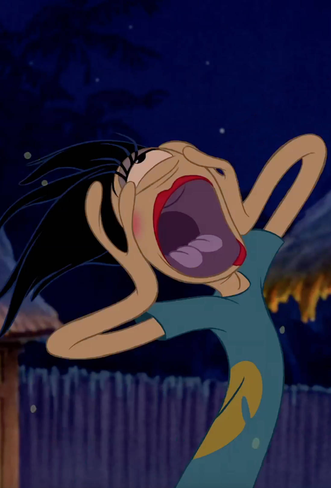 lilo 桌布 壁紙 — 一個黑頭髮、穿著藍色襯衫的卡通角色在星空下瘋狂尖叫，下方有籬笆。
