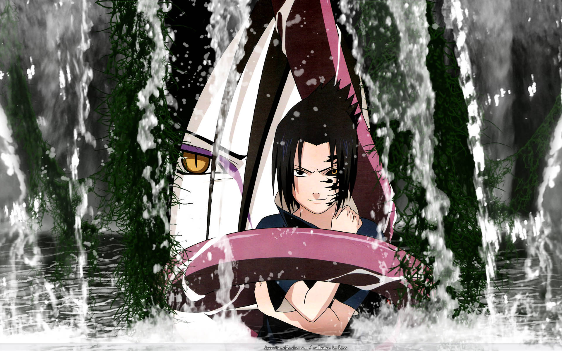Orochimaru 桌布 壁紙 — 一個黑髮、戴著粉紅色頭帶的動漫角色站在水中，被一個有黃色眼睛的大型蒙面人物包圍。