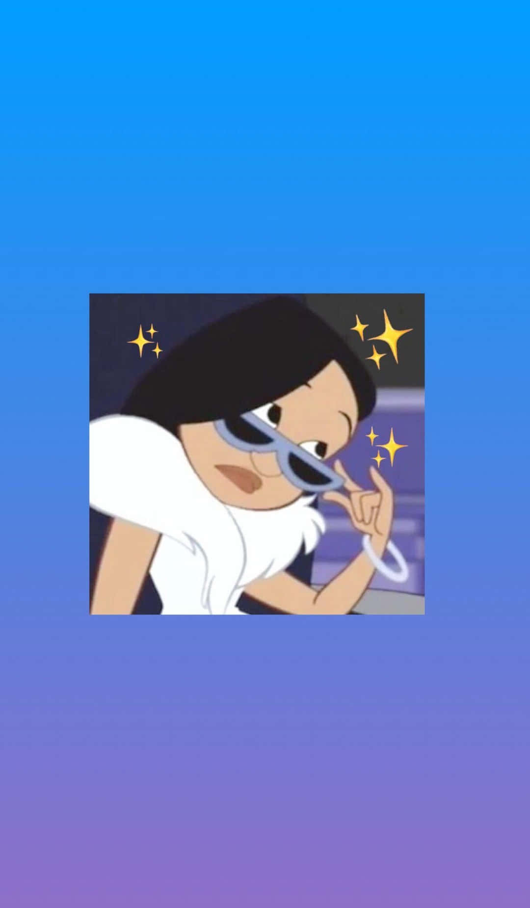 Girl Aesthetic 桌布 壁紙 — 一個黑髮、戴藍色太陽眼鏡的卡通女孩，在藍紫漸變背景上自信地擺姿勢，周圍有閃爍亮片。