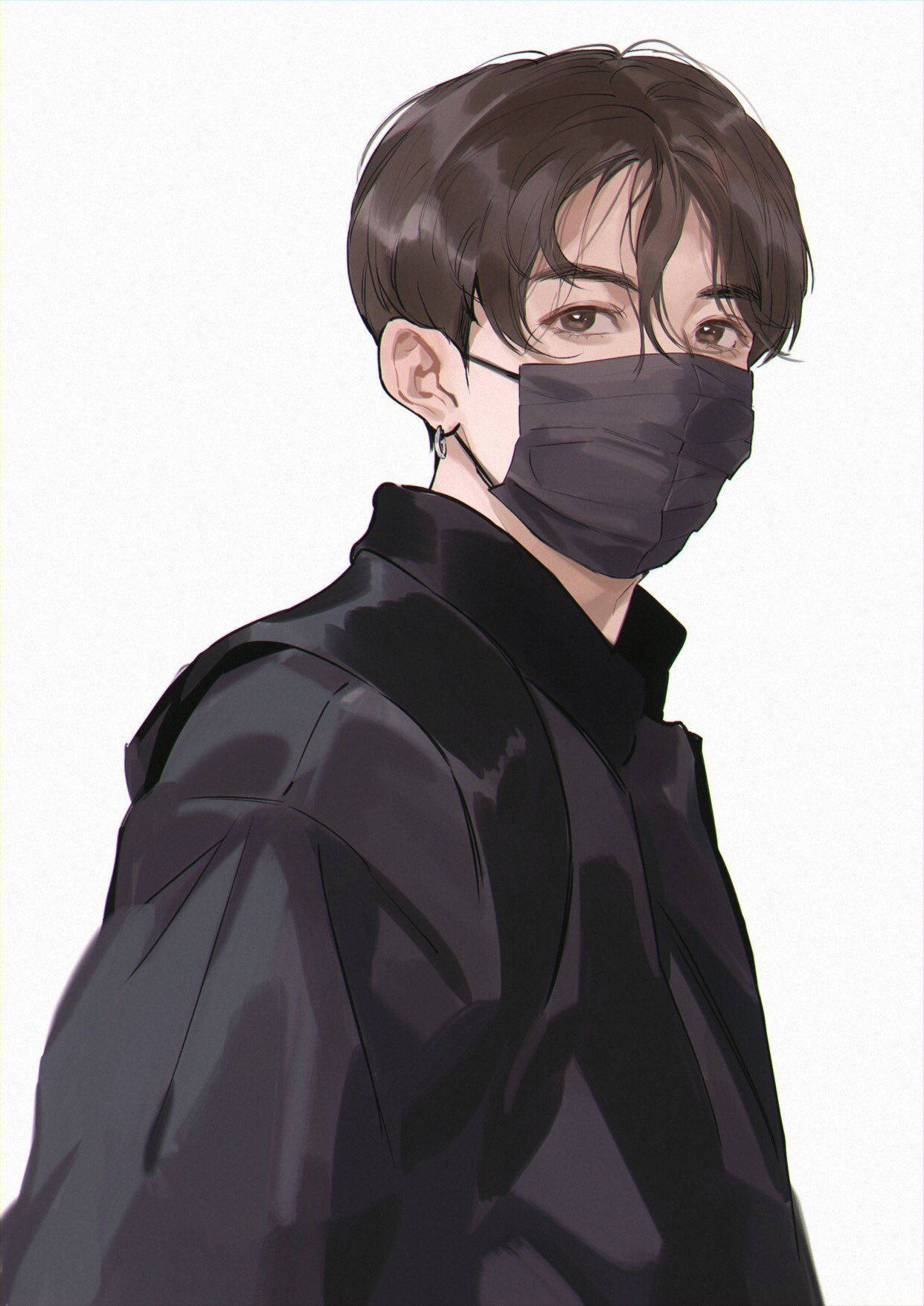 Jungkook Aesthetic 桌布 壁紙 — 一個黑髮、戴黑色口罩的年輕男子在極簡動漫插畫中回頭望。