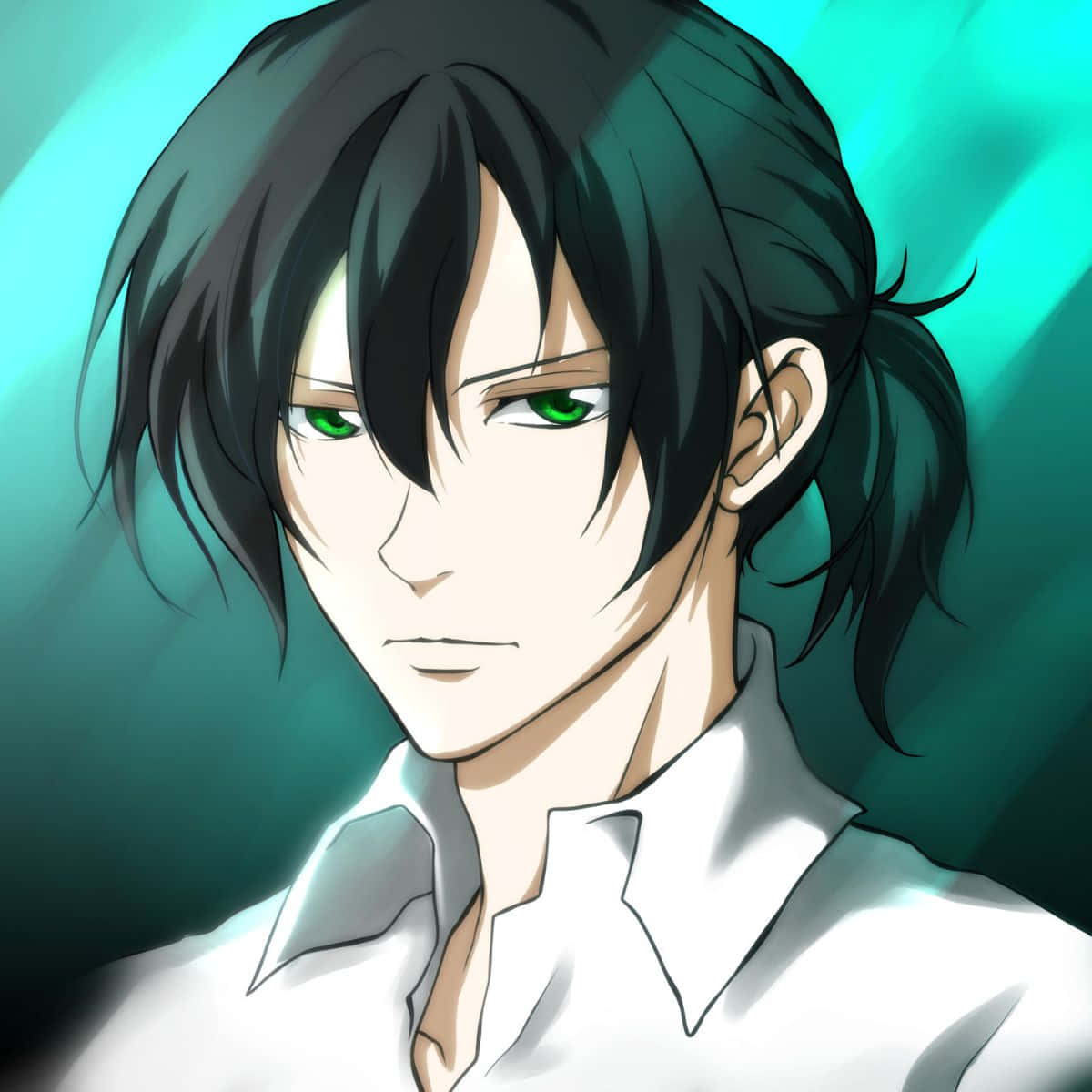 Nobuchika Ginoza 桌布 壁紙 — 一個黑髮、擁有引人注目的綠色眼睛的男性動漫特寫肖像，穿著白色襯衫，背景是藍綠色漸變。