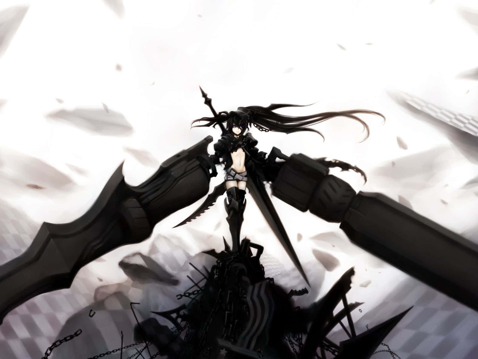 black rock shooter 桌布 壁紙 — 一個黑髮、擁有黑色翅膀和盔甲的動漫女孩站在一個破碎的王座上，背景是明亮的白色。