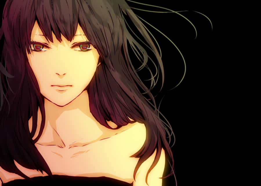 Akane Awakusu 桌布 壁紙 — 一個黑髮、皮膚溫暖發光的動漫女孩特寫，背景為純黑色。