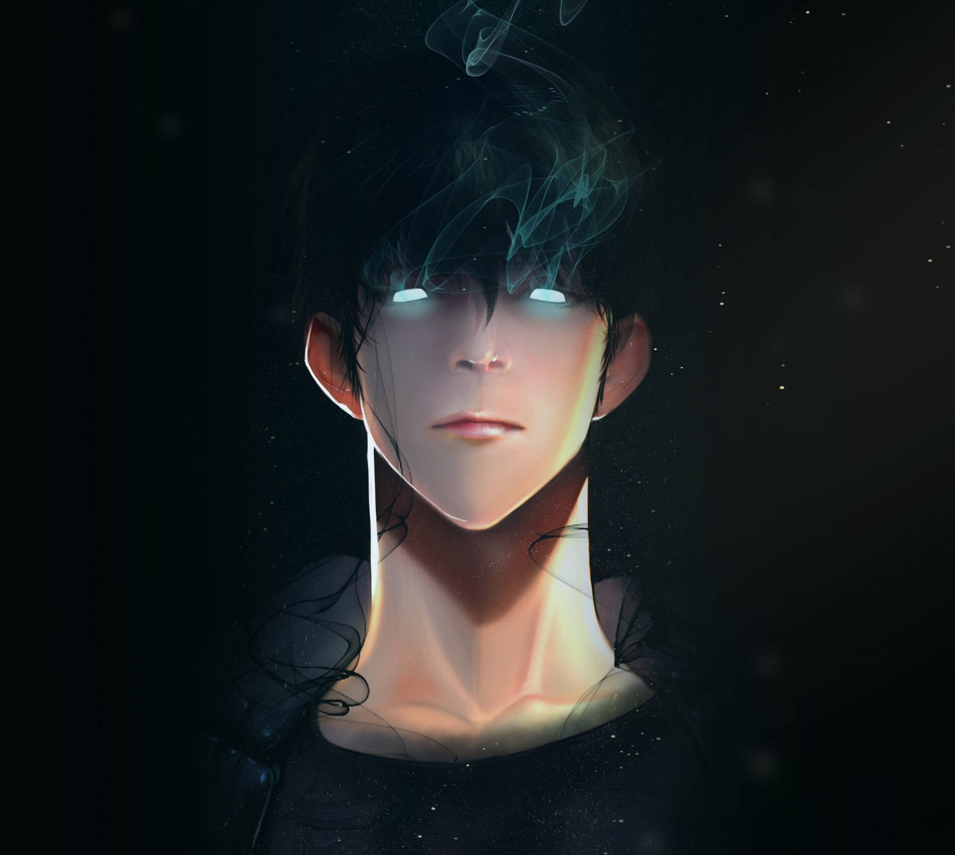 我獨自升級 桌布 壁紙 — 一個黑髮、眼睛發光的動漫男孩，臉龐周圍環繞著飄渺的煙霧，背景是星空夜晚。