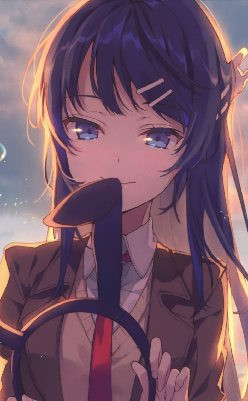 Rascal Does Not Dream Of Bunny Girl Senpai 桌布 壁紙 — 一個黑髮、眼睛發光的年輕動漫女孩，在溫暖的日落天空下握著劍。