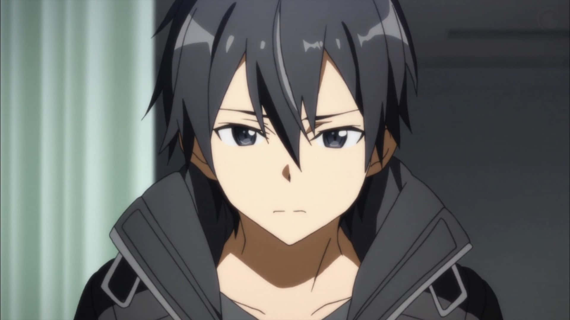 Kazuto Kirigaya 桌布 壁紙 — 一個黑髮、眼神嚴肅的動畫男孩在室內穿著灰色外套的特寫。