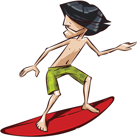 surfing 桌布 壁紙 — 一個黑髮、穿綠色短褲的卡通衝浪者，在黑色背景上騎著紅色衝浪板。