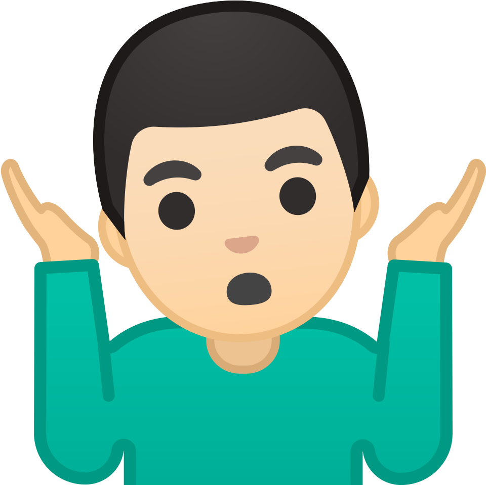 Clip Art 桌布 壁紙 — 一個黑髮、穿著青綠色襯衫的卡通男人聳肩，雙手舉起，表現出困惑或無助。