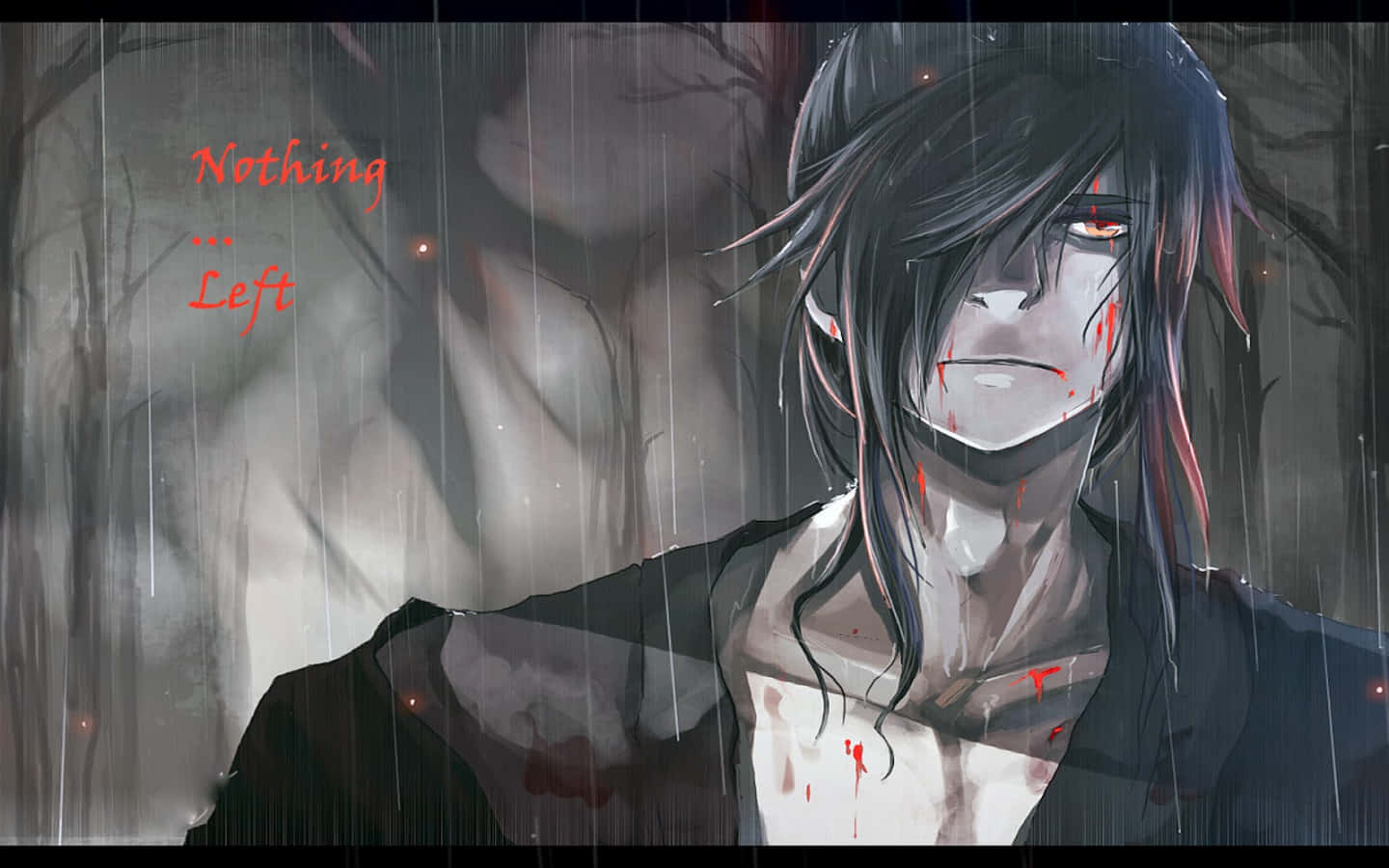 Emo Anime Boy 桌布 壁紙 — 一個黑髮、紅眼、帶有血痕的動漫角色，站在陰雨綿綿的陰暗森林中，文字「Nothing... Left」發出紅光。