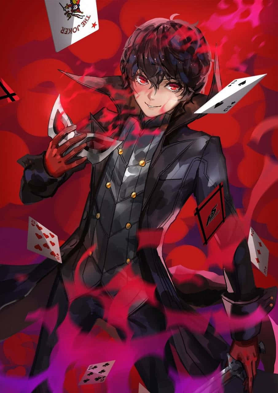 Joker Persona 5 桌布 壁紙 — 一個黑髮、紅眼、帶著邪惡笑容的動漫角色，在鮮豔的紅粉背景下操控漂浮的撲克牌。