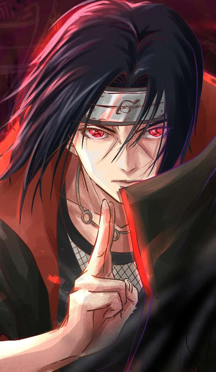 Jutsu 桌布 壁紙 — 一個黑髮、紅眼、戴頭帶的動漫忍者，在火紅背景前做出手指貼唇的動作。