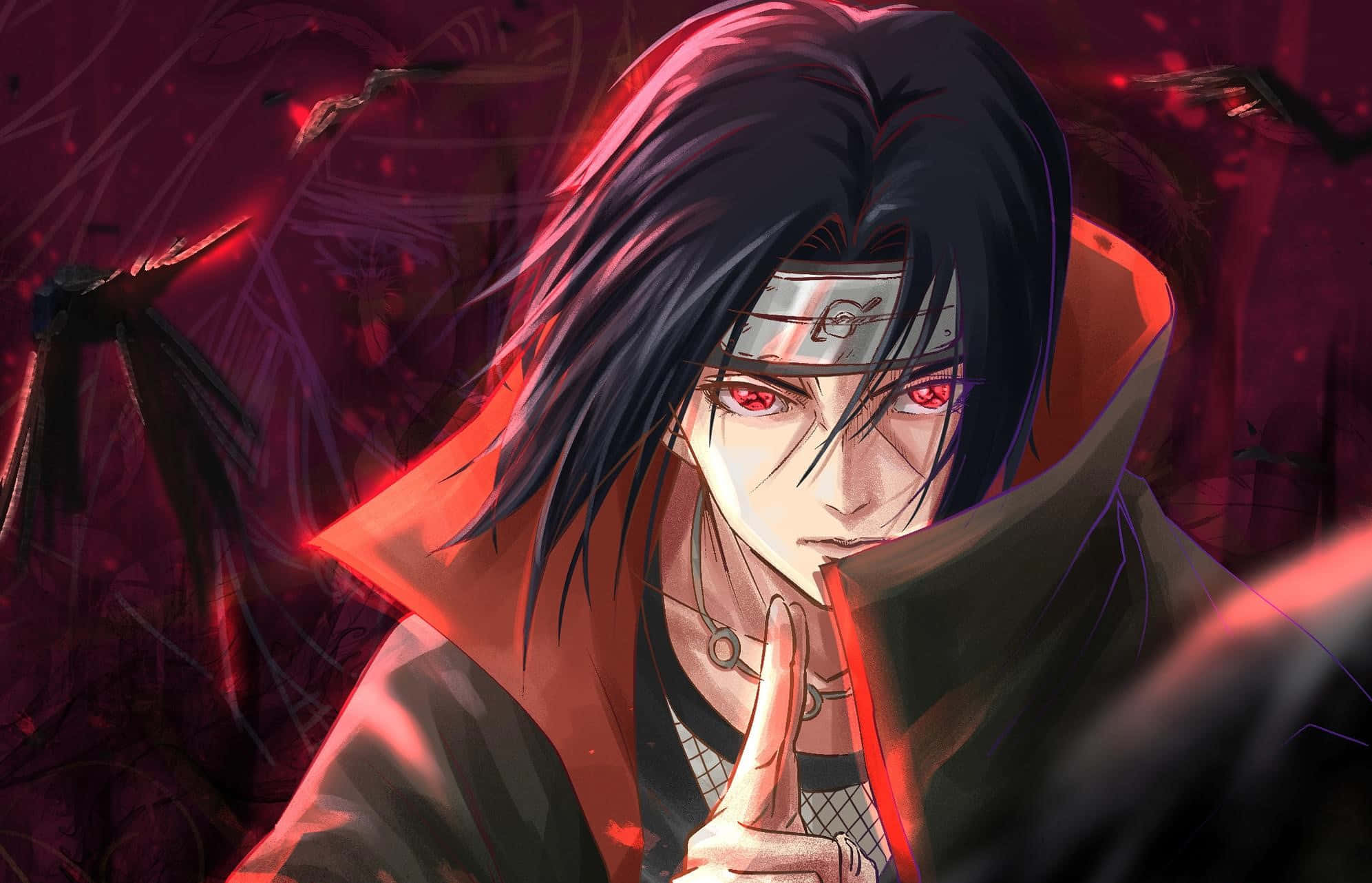 Jutsu 桌布 壁紙 — 一個黑髮、紅眼、戴頭帶的動漫角色，在血紅色背景上做出手指手勢，背景有陰影翅膀。
