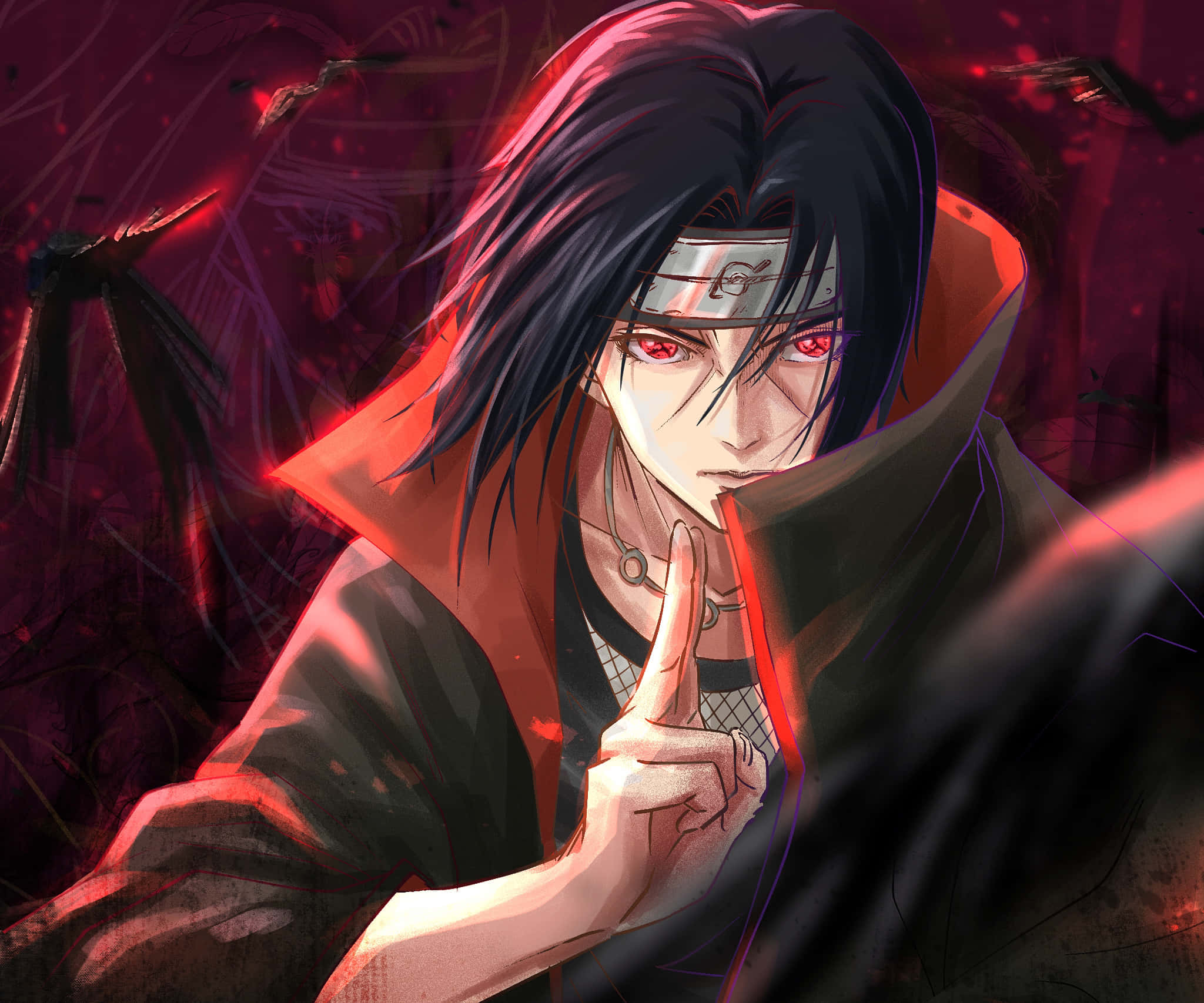 Naruto Itachi 桌布 壁紙 — 一個黑髮、紅眼、戴頭帶的動漫角色，在血紅色陰影背景前舉起一根手指做出警告手勢。