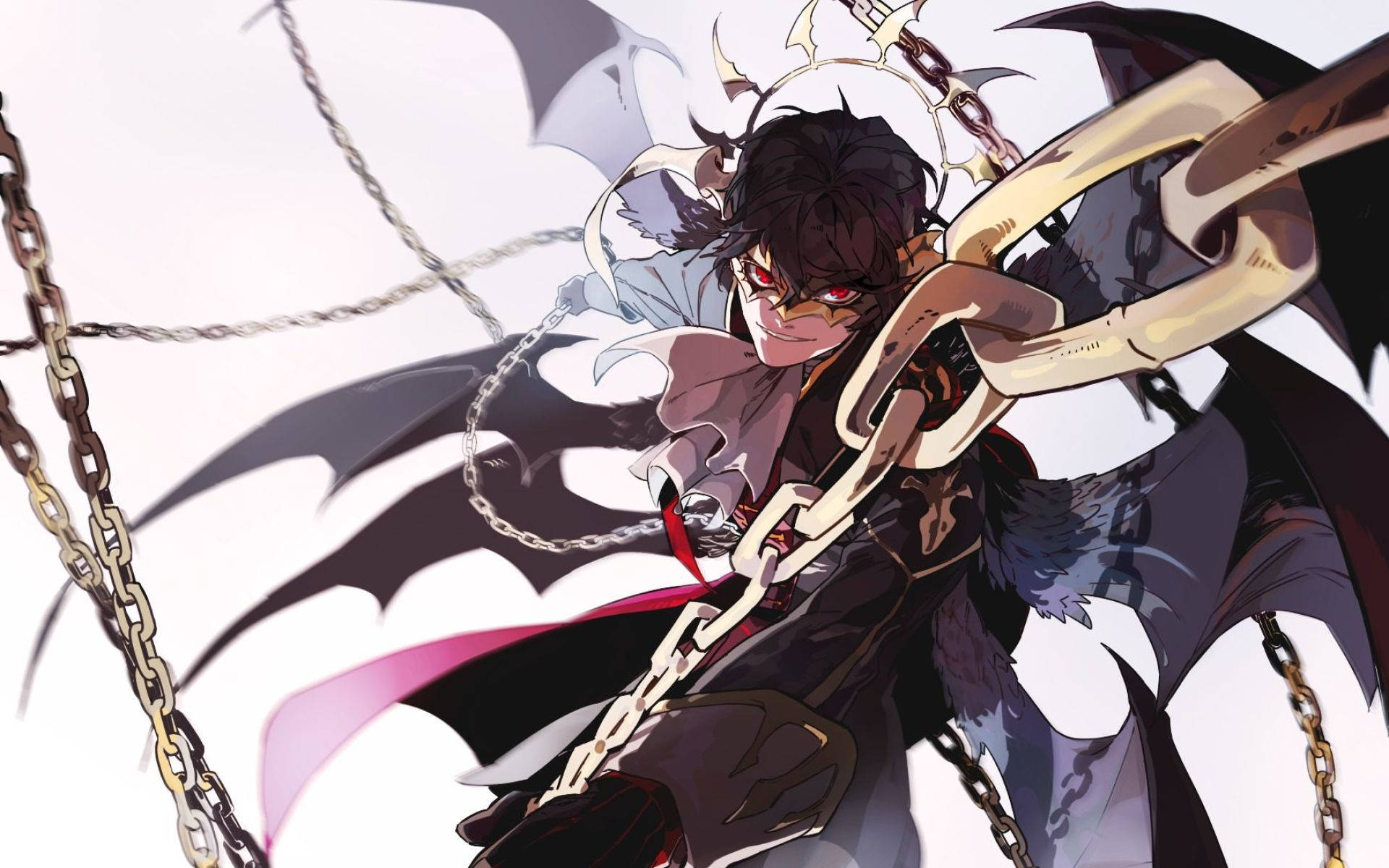 ren amamiya 桌布 壁紙 — 一個黑髮、紅眼、有蝙蝠翅膀的動漫角色，在純白背景前揮舞著巨大的鎖鏈。