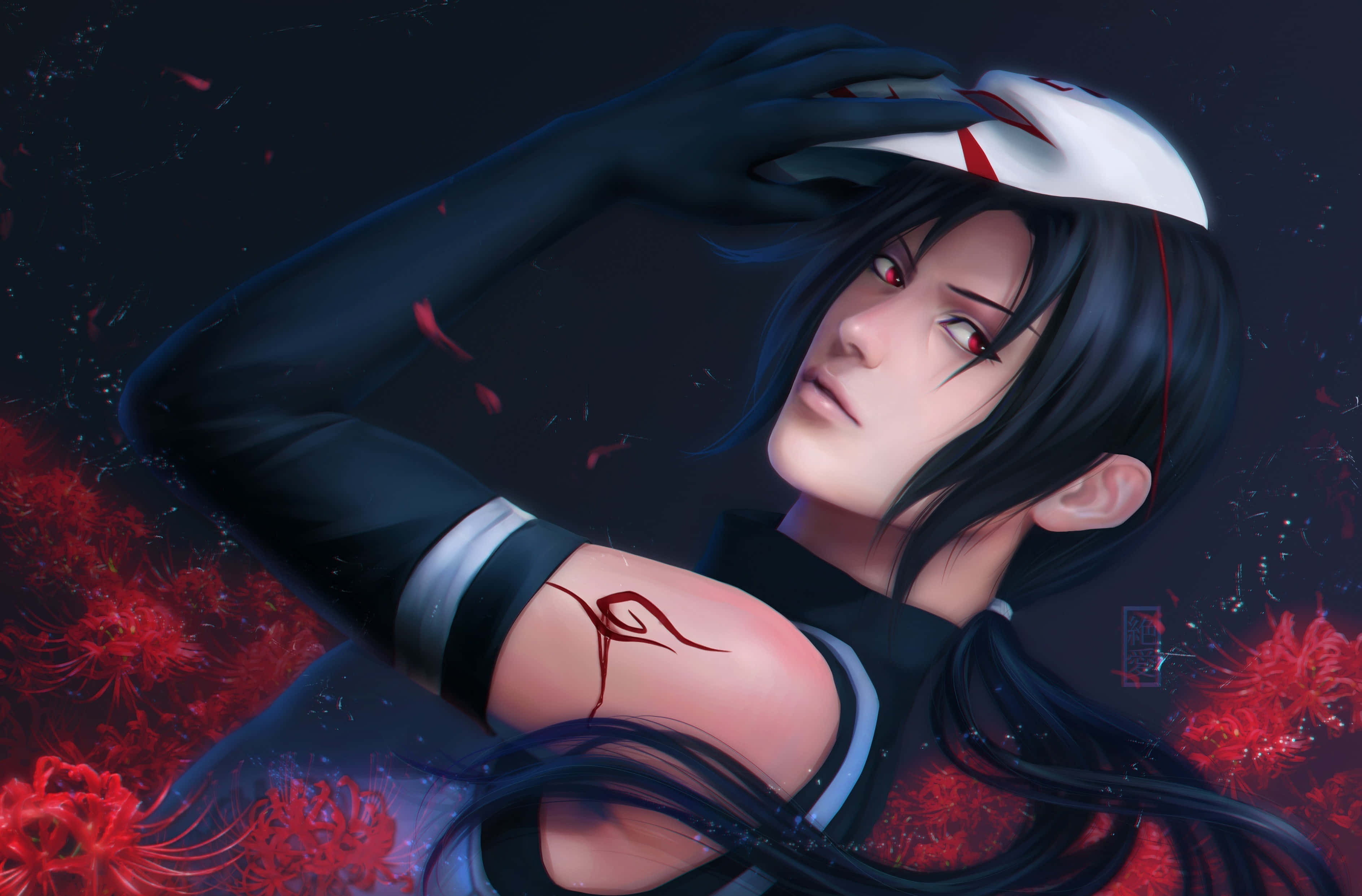 Anbu Black Ops 桌布 壁紙 — 一個黑髮、紅眼、肩上帶有紅色刺青的動漫角色，站在陰暗天空下發光的紅色彼岸花中。