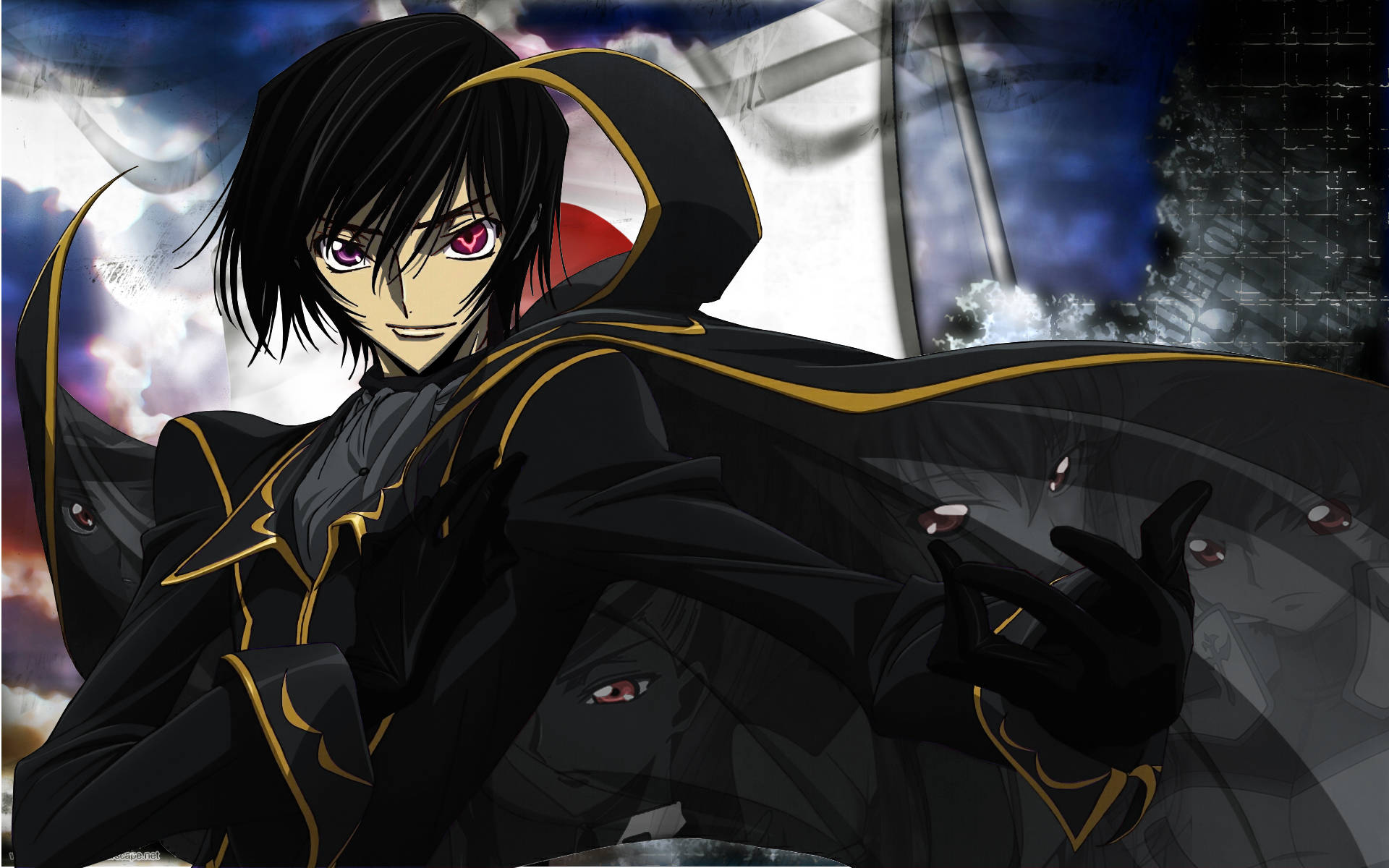 lelouch lamperouge 桌布 壁紙 — 一個黑髮、紅眼、身穿黑色金邊斗篷的動漫角色，自信地站在暴風雨天空的背景前。