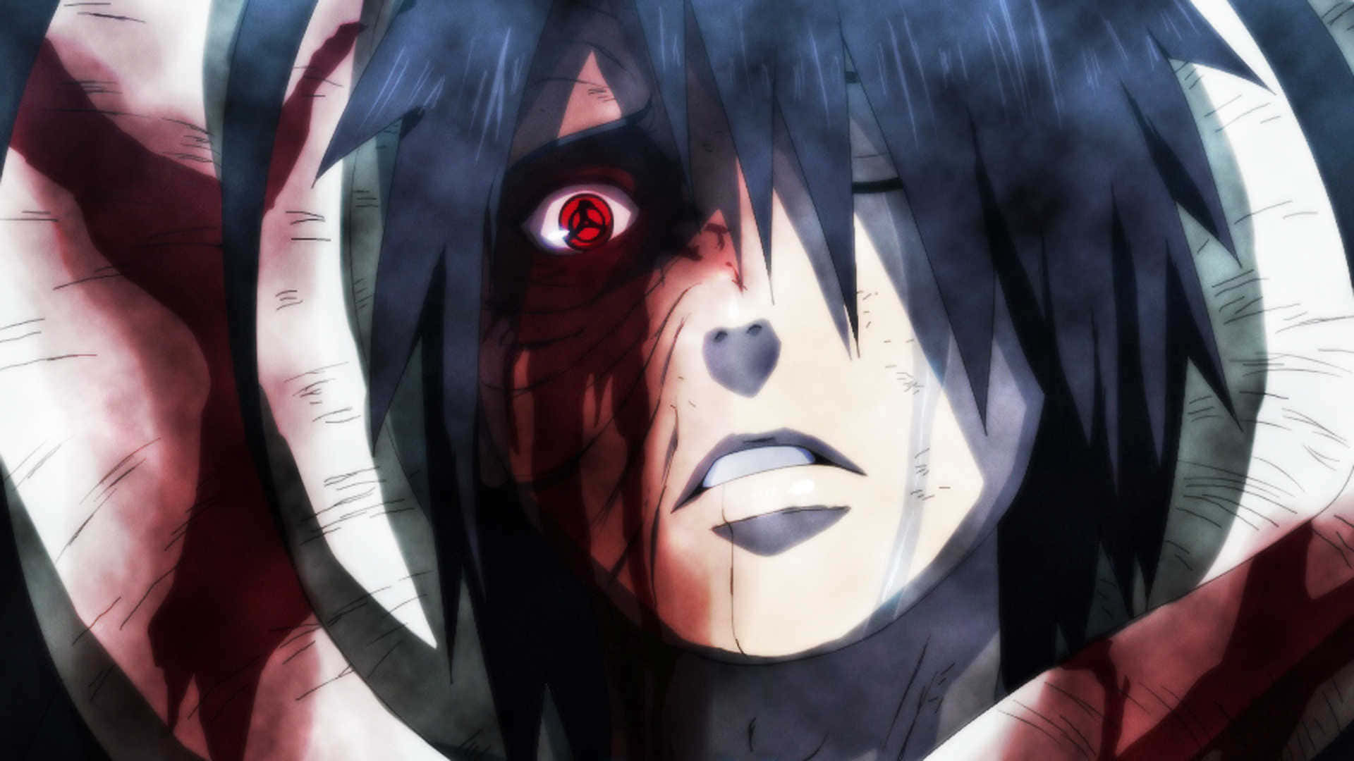 Gaara Naruto Anime 桌布 壁紙 — 一個黑髮、紅色眼睛帶有螺旋圖案、被旋轉的深紅色和白色能量包圍的動漫角色特寫。