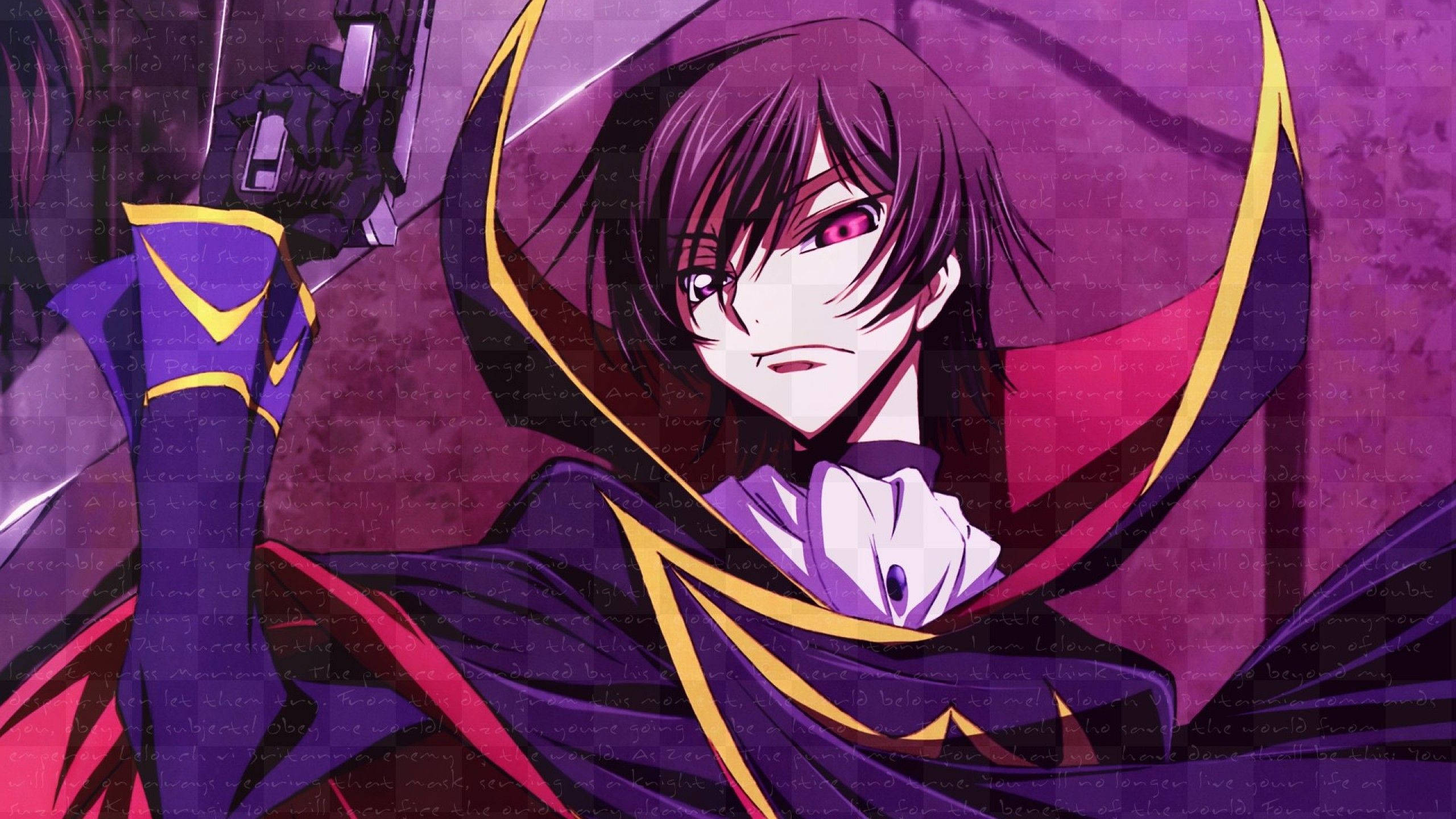 Dark Purple Anime 桌布 壁紙 — 一個黑髮、紫眼、披著紫色斗篷的動漫角色，在憂鬱的紫色背景下持槍。