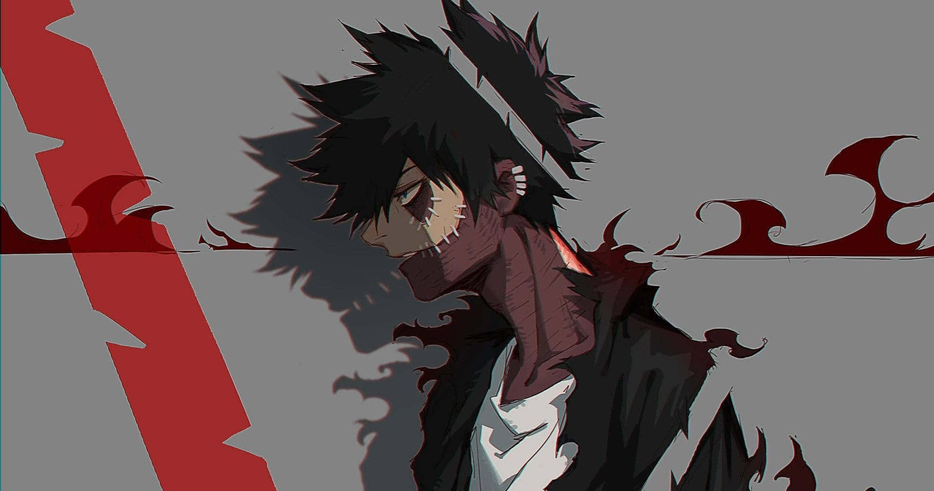 My Hero Academia Aesthetic 桌布 壁紙 — 一個黑髮、臉上帶有疤痕、紅色能量條紋的動漫角色，背景為灰色。