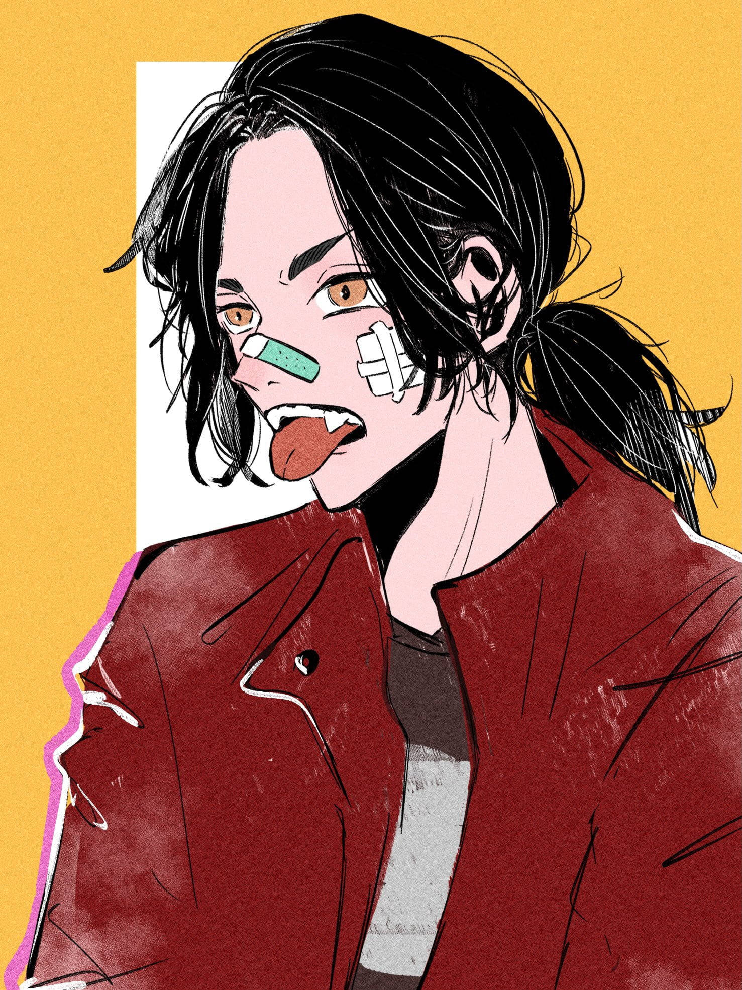 動漫男孩 桌布 壁紙 — 一個黑髮、臉上纏著繃帶的動漫角色，在黃色背景前伸出舌頭，表情挑釁。