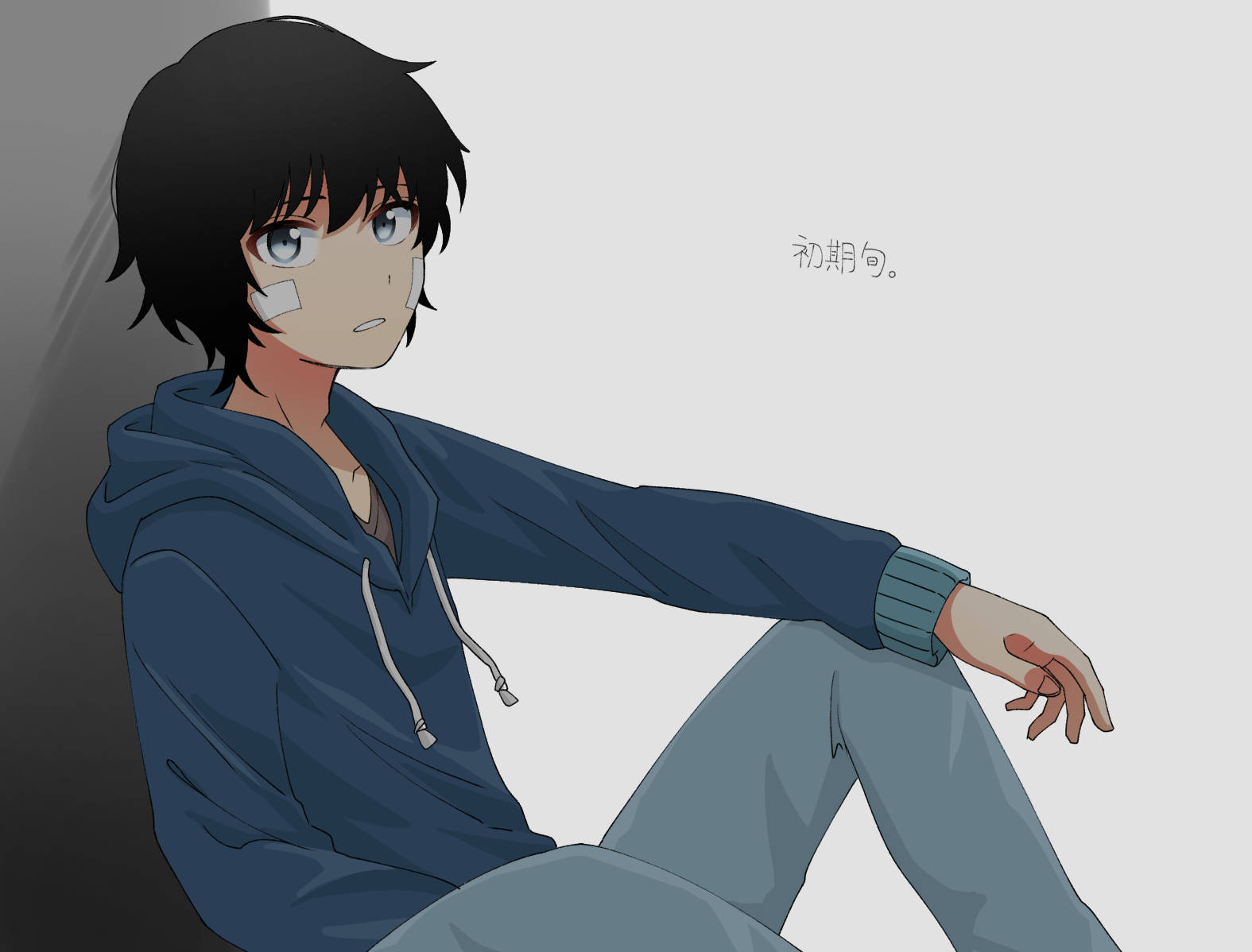 Jin 桌布 壁紙 — 一個黑髮、臉頰上纏著繃帶的年輕動漫男孩，穿著藍色連帽衫，癱坐在牆邊。