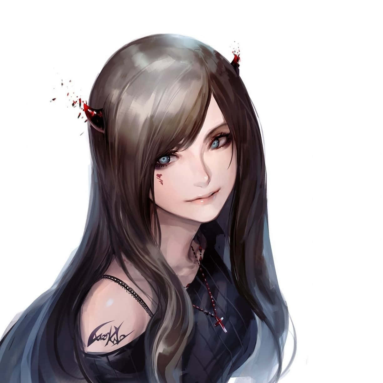 桌布 壁紙 — 一個黑髮、藍眼睛、紅色惡魔角的動漫女孩，在純白背景下溫柔地凝視。