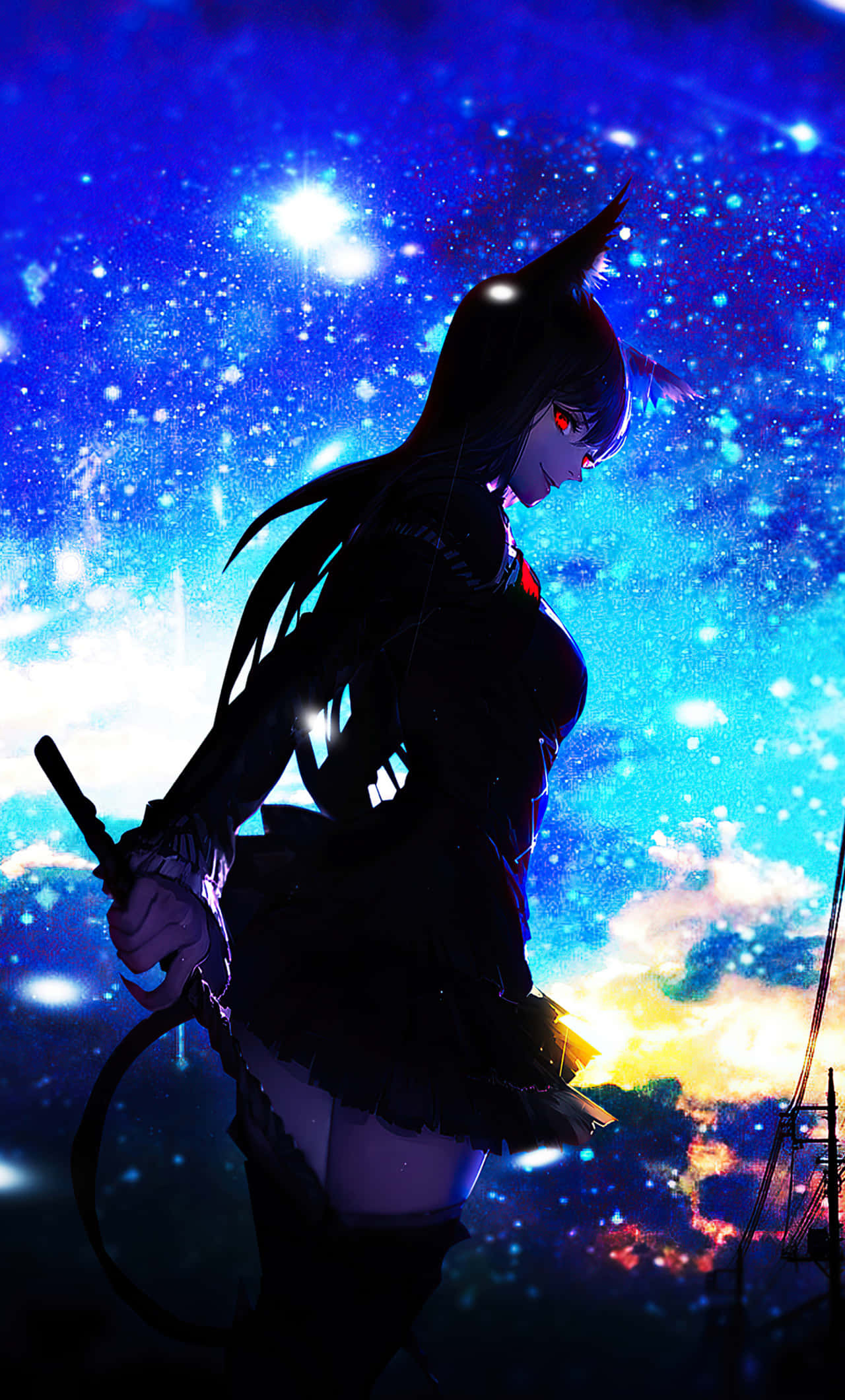 動漫 桌布 壁紙 — 一個黑髮、貓耳、紅眼的動漫女孩，在充滿星星和星雲的鮮豔宇宙天空下揮舞著劍。