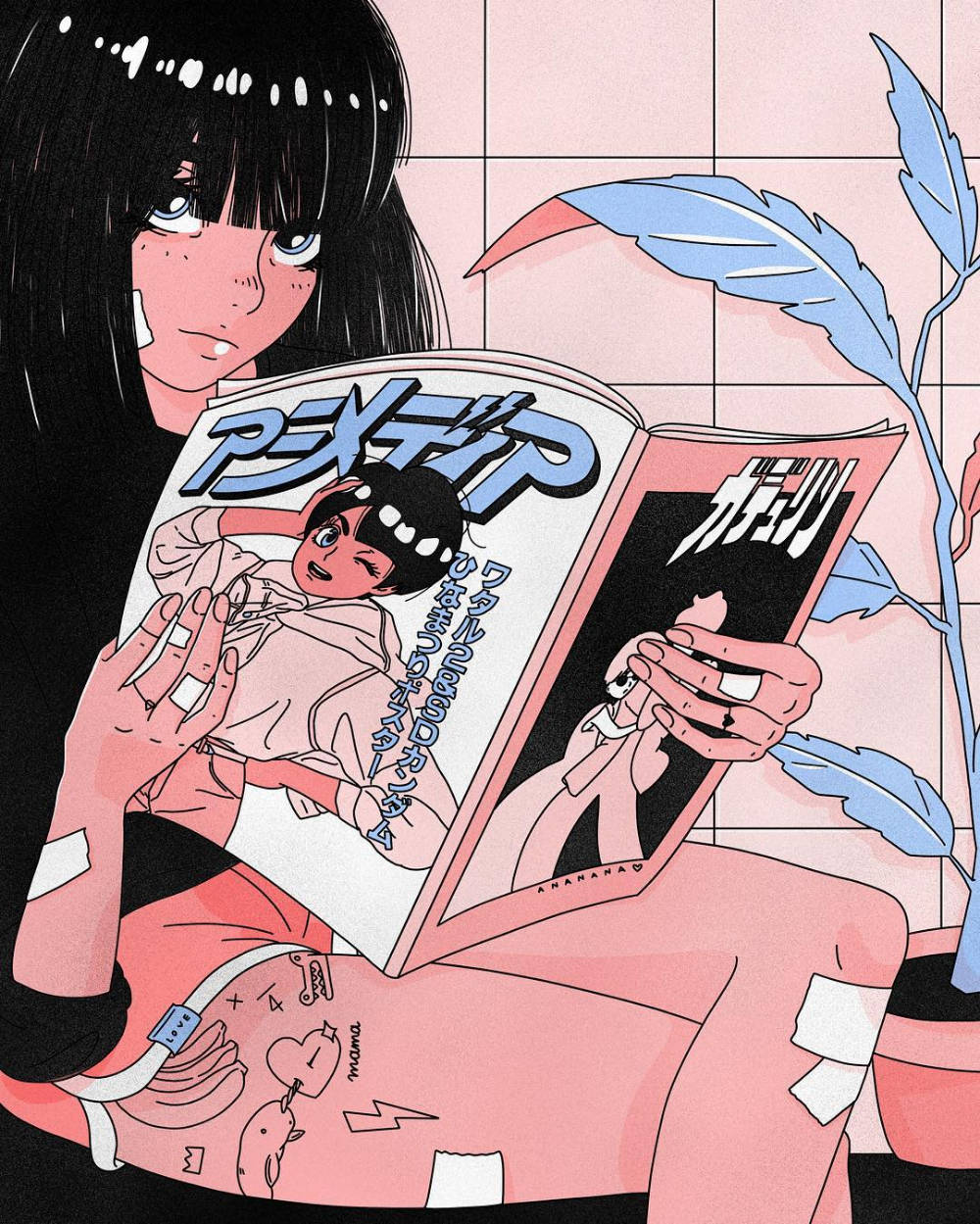 80s Anime Aesthetic 桌布 壁紙 — 一個黑髮、身體纏著繃帶的年輕動漫女孩，坐在一棵藍色羽毛植物旁邊閱讀漫畫書。