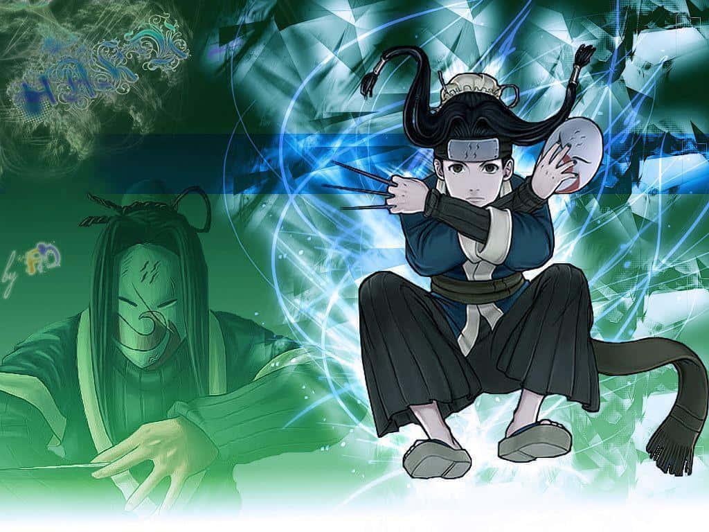 Naruto Haku 桌布 壁紙 — 一個黑髮、雙手帶爪的動漫忍者，以動態姿勢蹲伏在發光的綠色和藍色能量背景前。