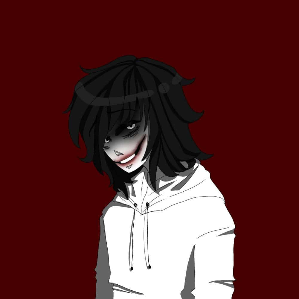 Jeff The Killer 桌布 壁紙 — 一個黑髮、露出邪惡笑容的動漫角色，穿著白色連帽衫，背景為深紅色。