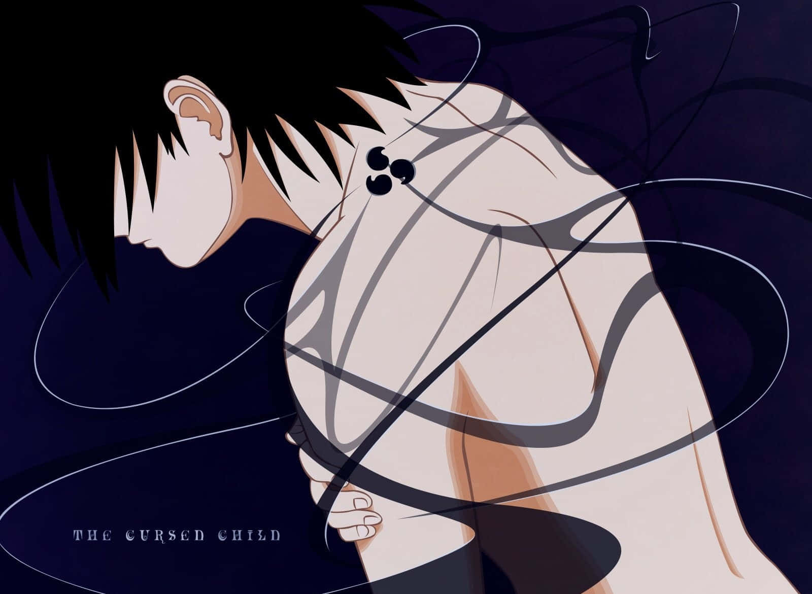 Sasuke Uchiha Cursed Mark 桌布 壁紙 — 一個黑髮、頸上有三個深色標記的動漫角色，從背後展示，在深藍色背景上有旋轉的深色線條。