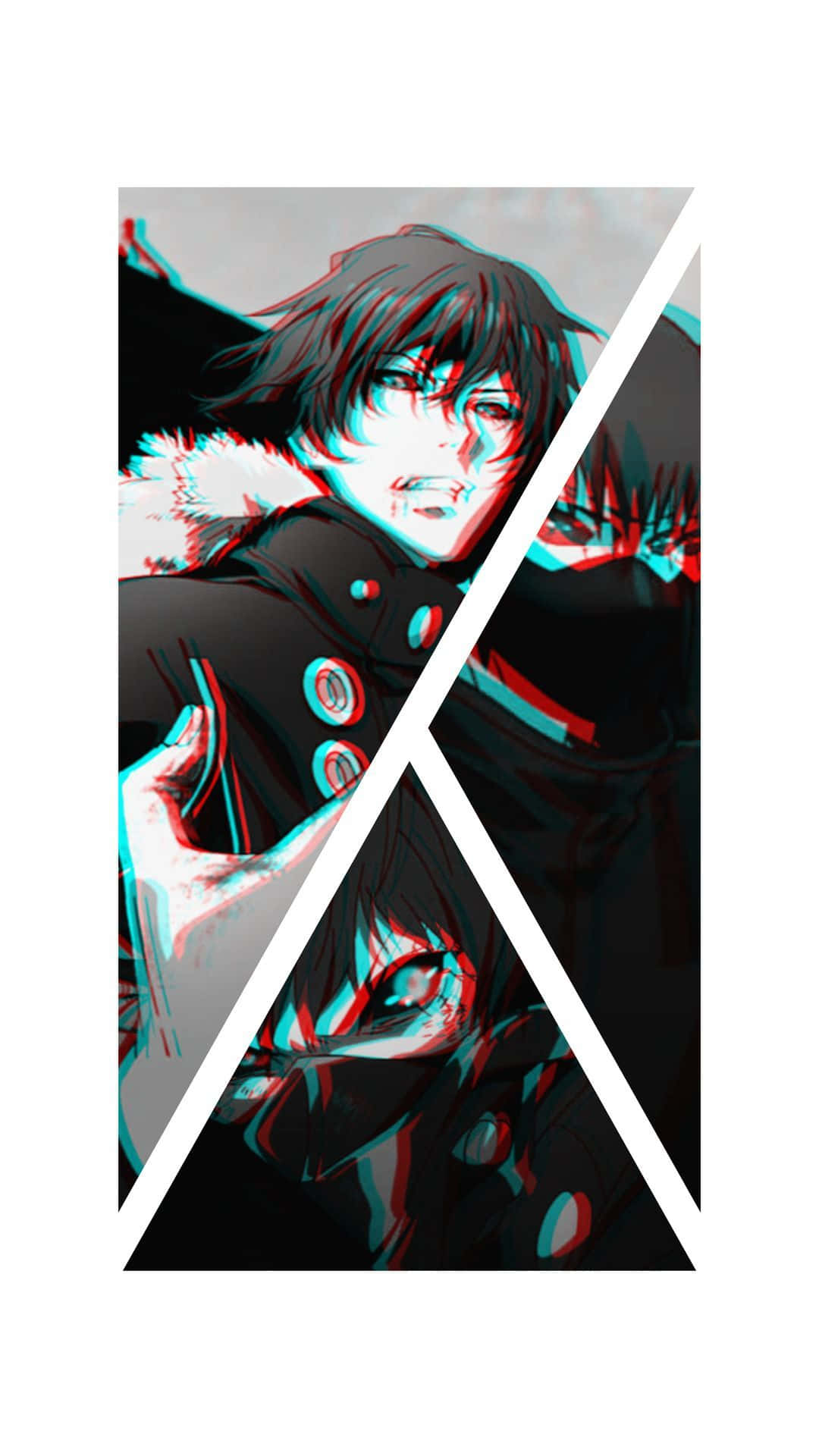 Ayato Kirishima 桌布 壁紙 — 一個黑髮且眼神銳利的動漫角色被一個帶有紅色和青色色差效果的白色X分割。