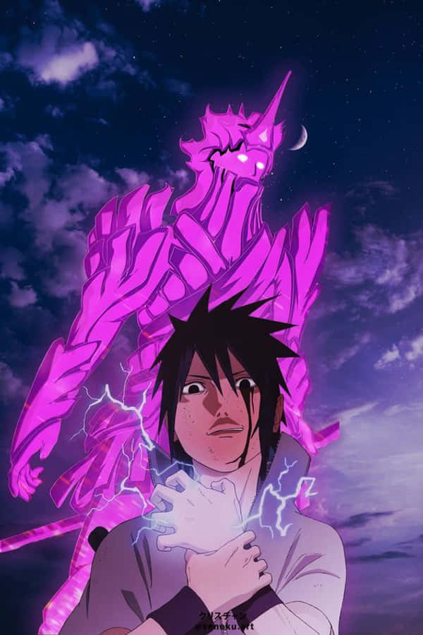 Purple Sasuke 桌布 壁紙 — 一個黑髮刺蝟頭的年輕男子引導閃電能量，身後有一個發光的紫色龍靈在星空夜空中若隱若現。