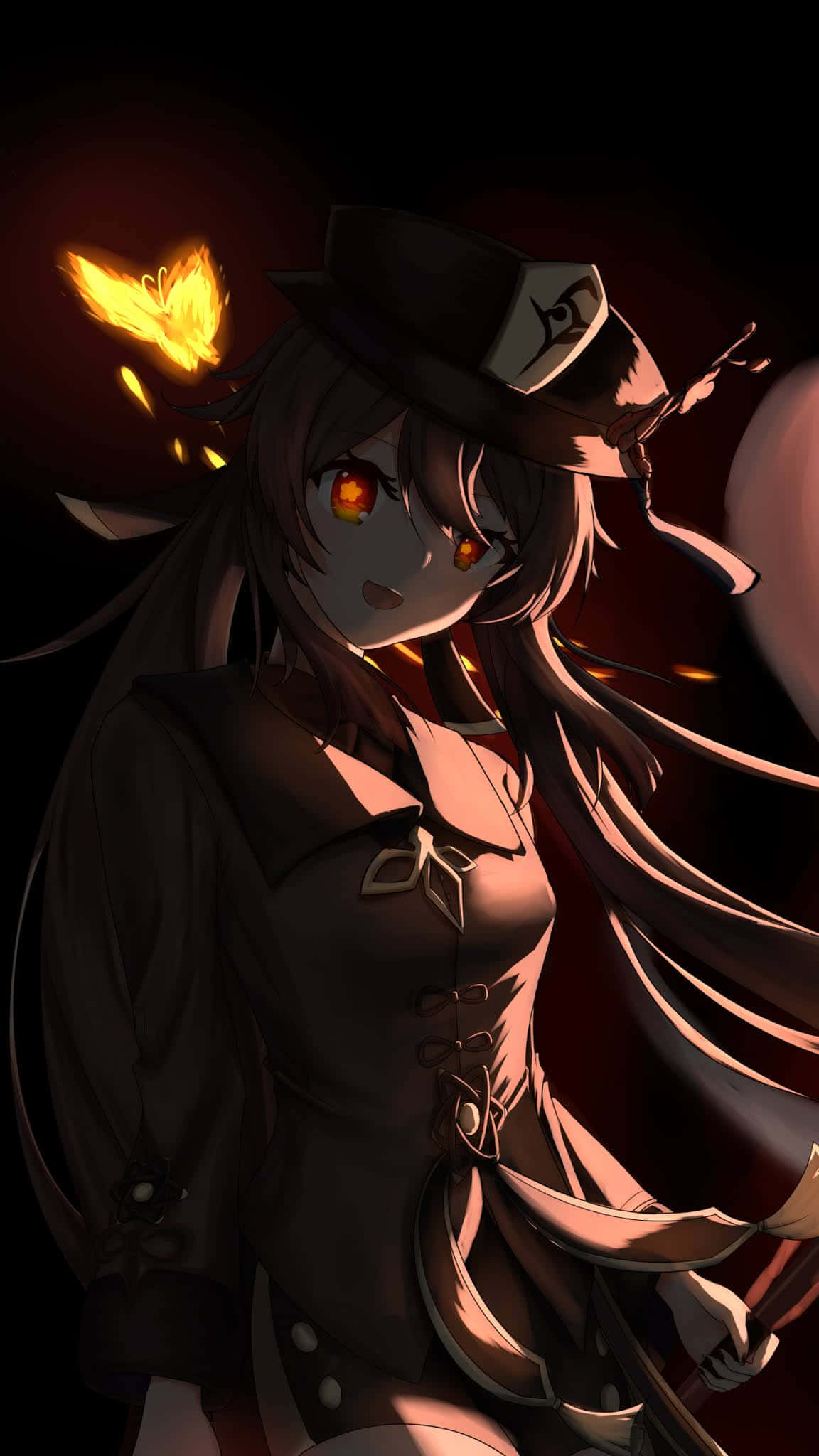 Dark Anime Girl 桌布 壁紙 — 一個黑髮動漫女孩，擁有發光的橙色眼睛，旁邊有一隻火焰蝴蝶，戴著帽子和外套，背景為黑色。