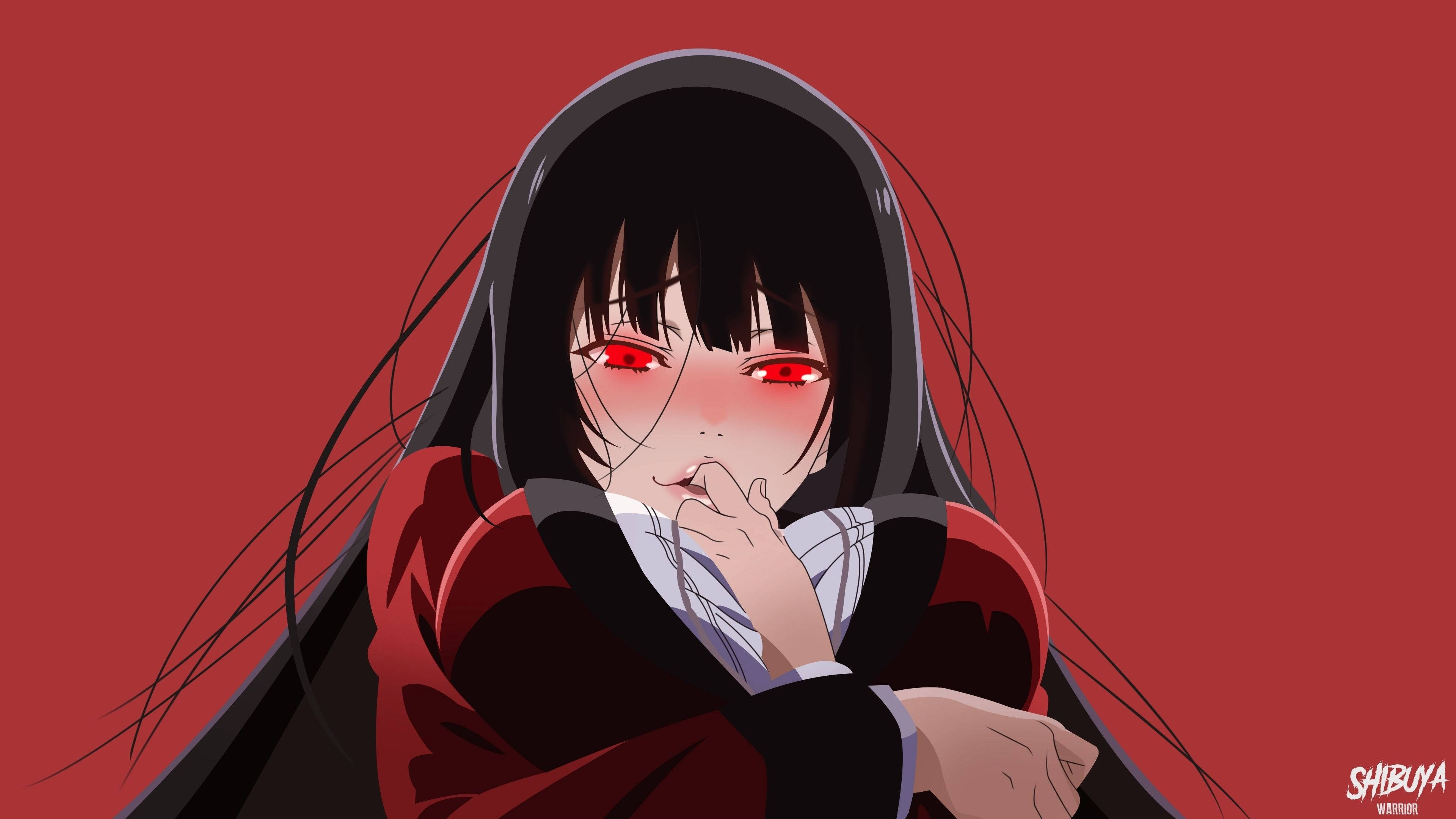 Kakegurui 桌布 壁紙 — 一個黑髮動漫女孩，擁有發光的紅色眼睛和紅色連帽外套，站在純紅色背景前，手靠近嘴巴。