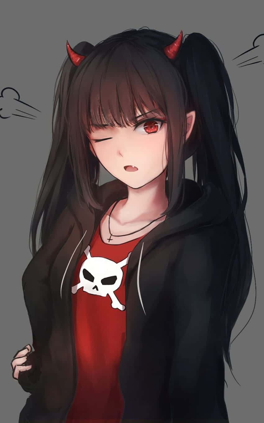 暗黑動漫 桌布 壁紙 — 一個黑髮動漫女孩，有紅色角和一個紅色眼睛，穿著骷髏衫在連帽衫下眨眼。