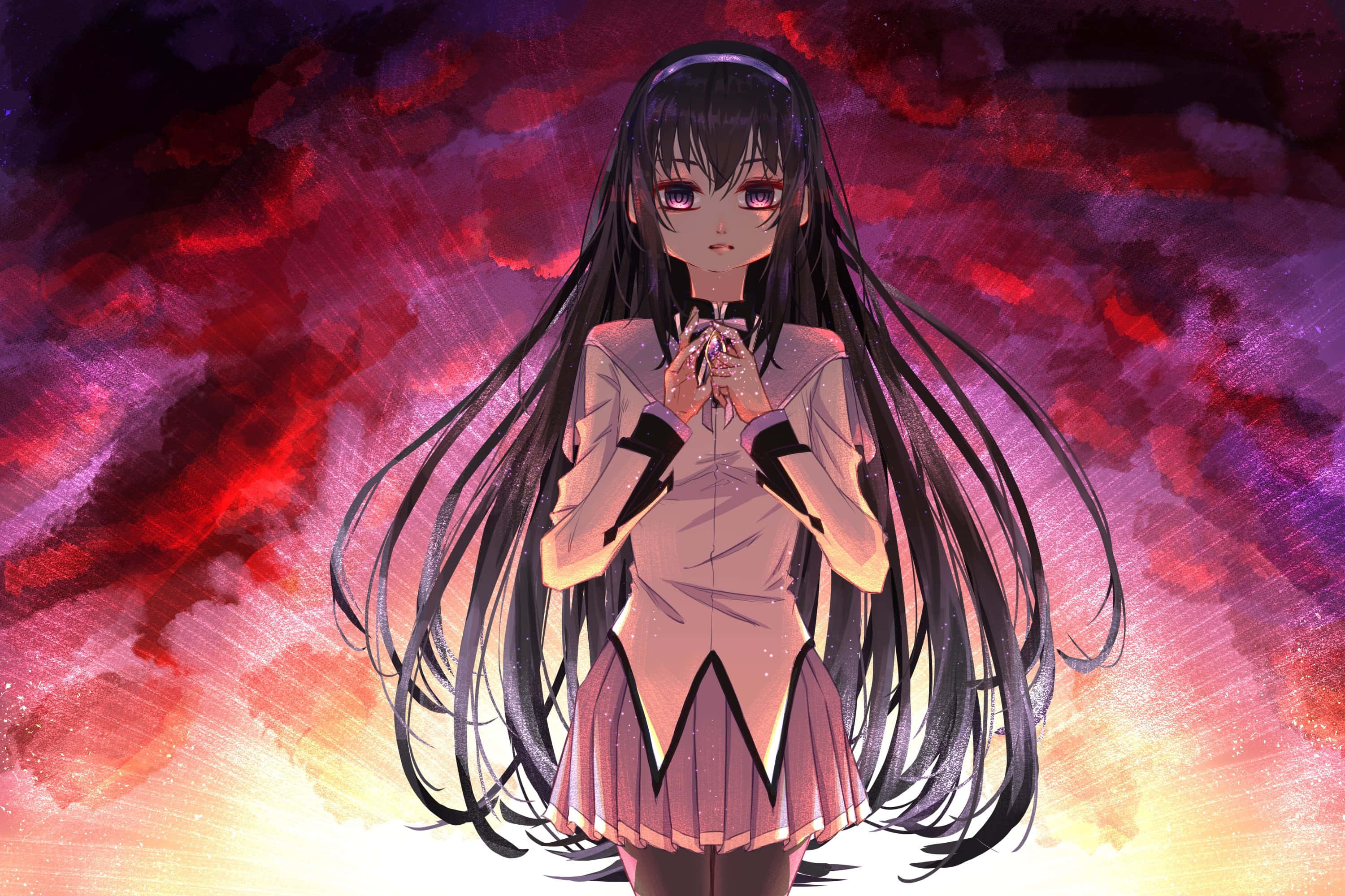 puella magi madoka magica 桌布 壁紙 — 一個黑髮動漫女孩穿著校服，站在火紅和紫色的天空下，眼睛發光。