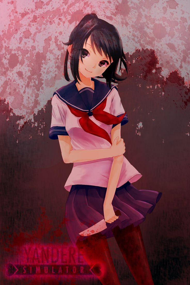 Yandere 桌布 壁紙 — 一個黑髮動漫女孩穿著沾滿血跡的水手服，拿著一把血淋淋的刀，背景是濺滿粉紅色和紅色的。