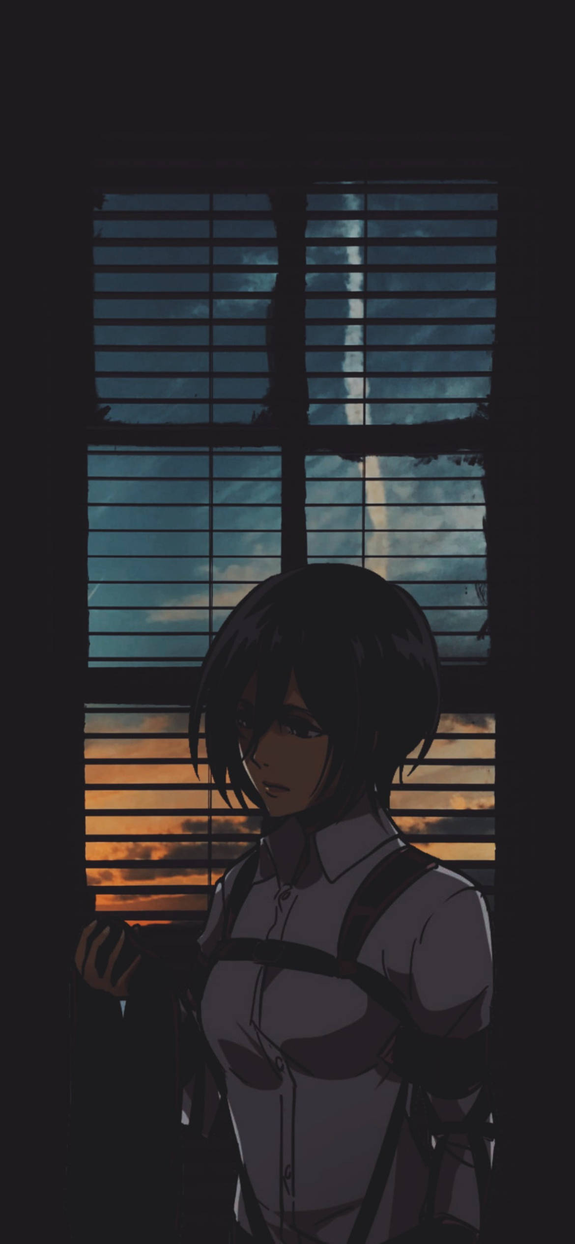 Attack On Titan iPhone 桌布 壁紙 — 一個黑髮動漫女孩穿著白襯衫，站在陰暗的房間裡，透過窗簾看著黃昏的天空。