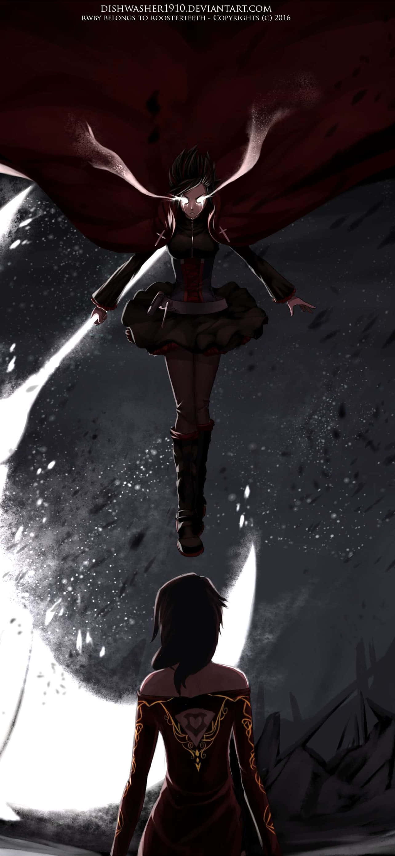 Rwby 桌布 壁紙 — 一個黑髮動漫女孩穿著紅色斗篷，漂浮在另一個女孩上方，她們身後有一輪發光的彎月。