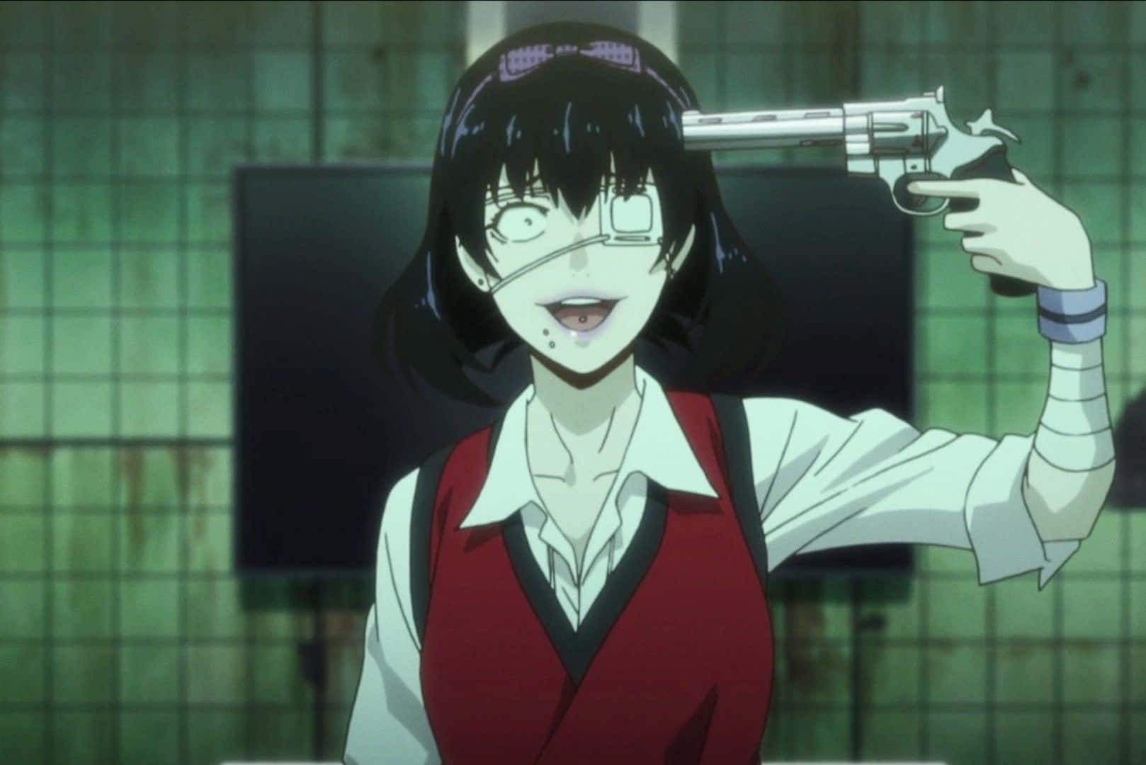 Midari Ikishima 桌布 壁紙 — 一個黑髮動漫女孩穿著紅色背心，對著綠色瓷磚牆，狂笑著將左輪手槍抵住太陽穴。