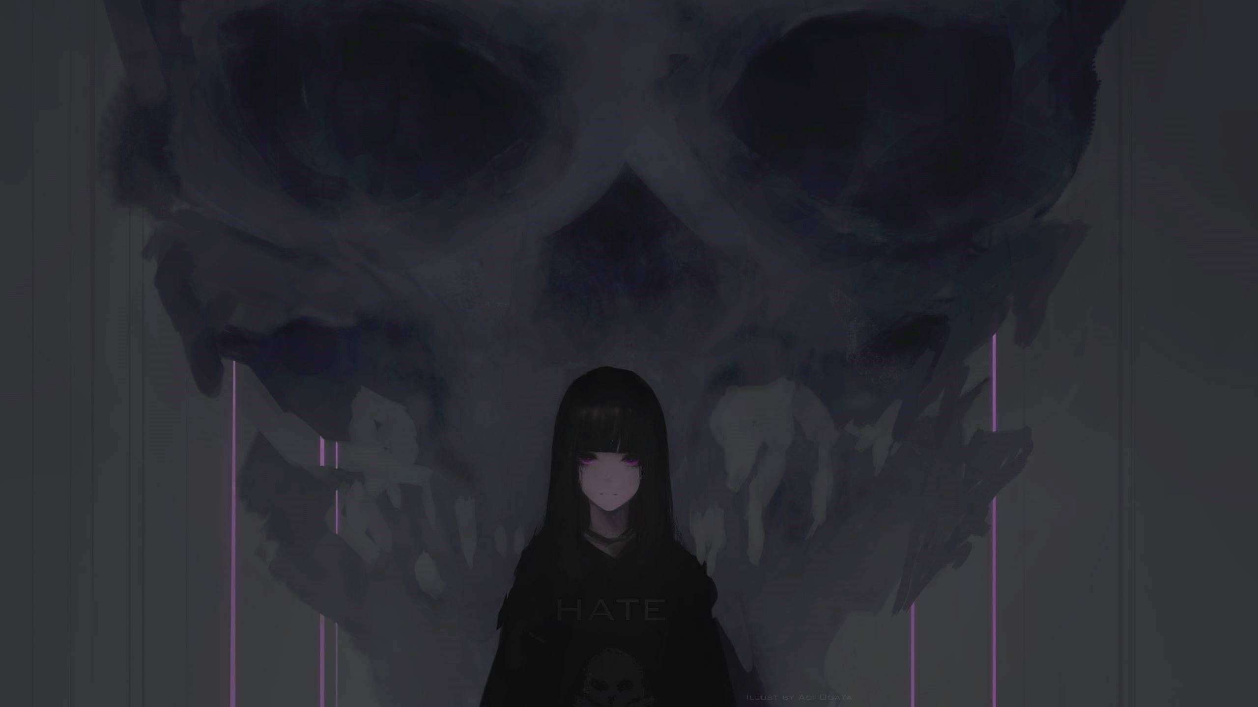 黑色動畫gif 桌布 壁紙 — 一個黑髮動漫女孩穿著黑色 'HATE' 連帽衫，站在一個散發紫色光芒的逼人骷髏壁畫前。