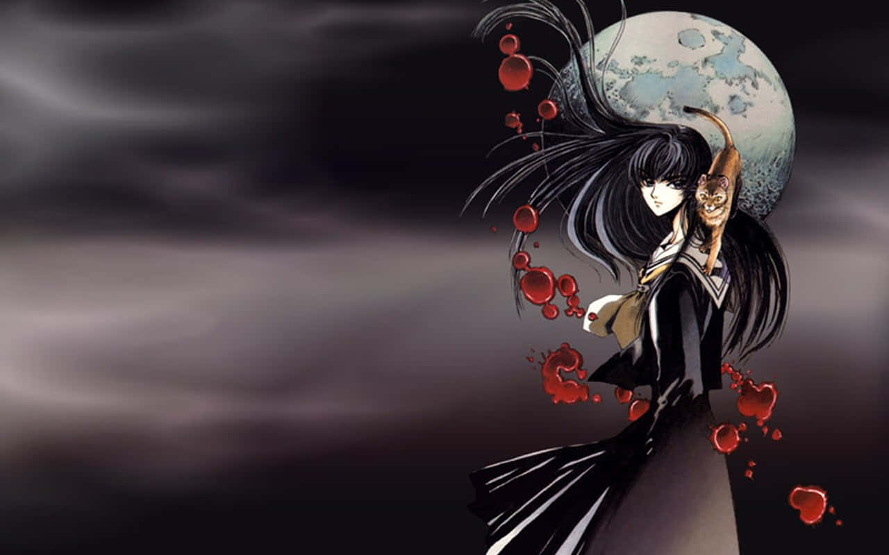 Best Anime 桌布 壁紙 — 一個黑髮動漫女孩穿著黑色服裝站在滿月前，紅色球體漂浮在她周圍，一隻貓棲息在她的肩膀上。