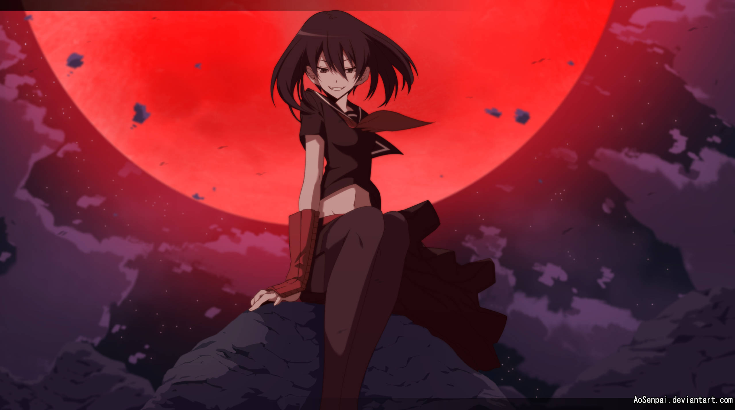 akame 桌布 壁紙 — 一個黑髮動漫女孩穿著黑色衣服，坐在一塊岩石上，背景是紫色天空中的巨大紅色月亮。