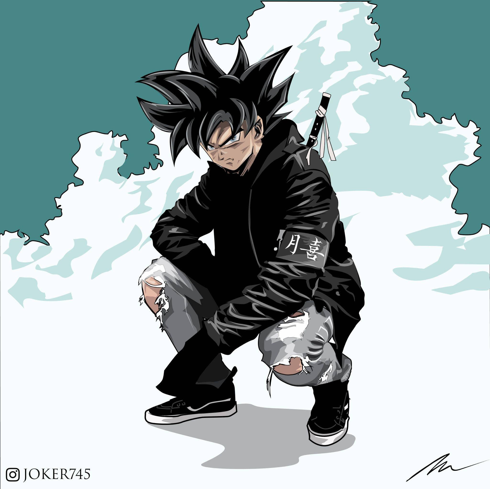 Goku Swag 桌布 壁紙 — 一個黑髮動漫戰士以戰鬥姿勢蹲伏在青綠色和白色的雲背景前。