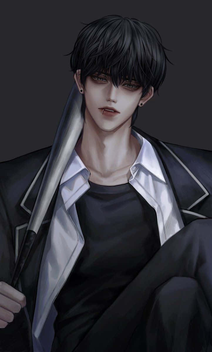 Cute Anime Boys 桌布 壁紙 — 一個黑髮動漫男人穿著黑色外套，在灰色背景前拿著棒球棍。